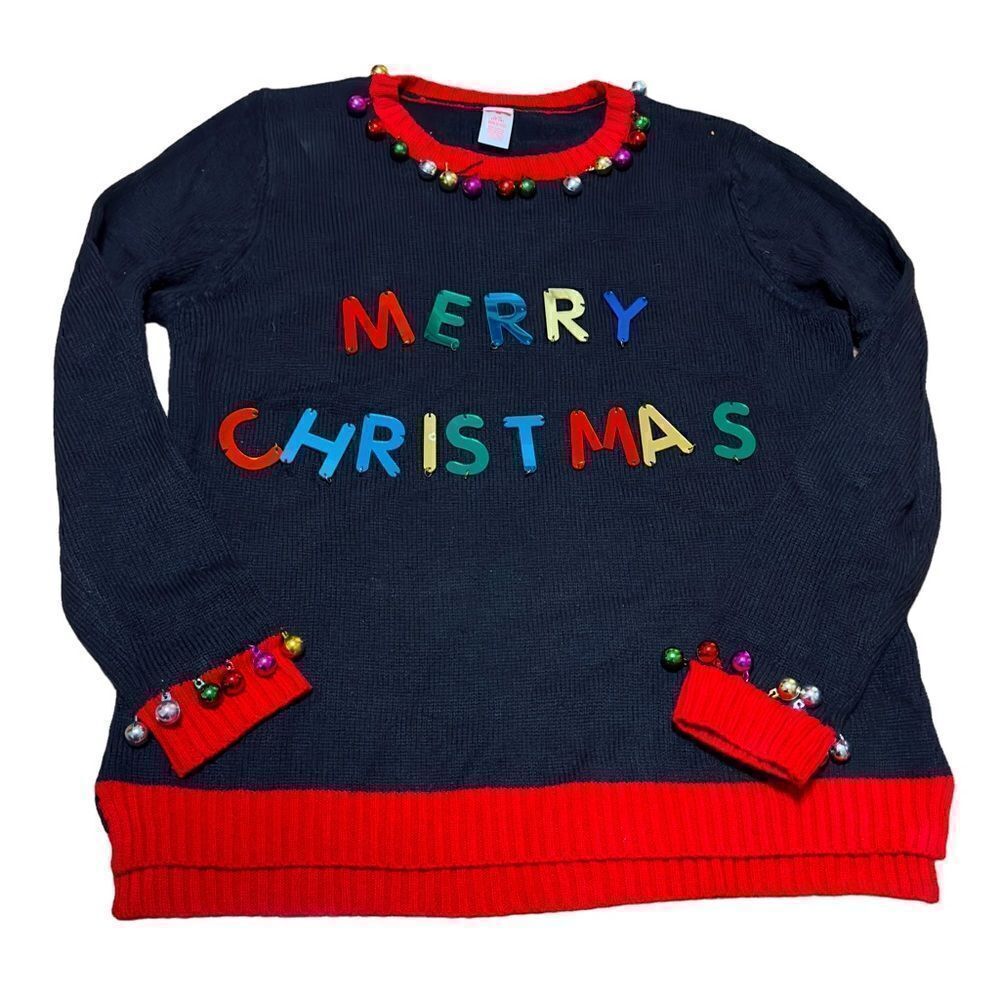 Holiday Time Black Red Knitted Hanging Letters & Bells Christmas Ugly Sweater L